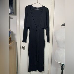 Toccin NY black, long sleeve, ribbed, cotton wool spandex blend midi dress L